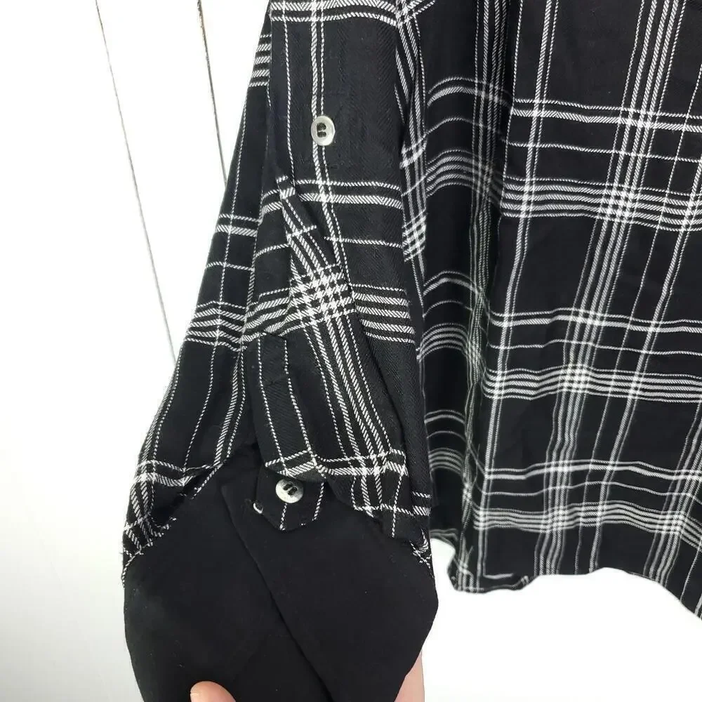 CJ Banks Top Womens 1X Popover Tunic Plaid Flap Pockets Y Collar Quarter Button